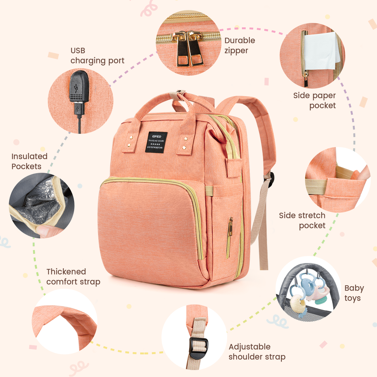 GPED Diaper Bag Backpack, Multifunctional Baby Changing Bag with Foldable Crib & Insulated Milk Bottle Pockets, Large Capacity Portable Travel Backpack with USB Charging Port for Moms Dads(Pink)