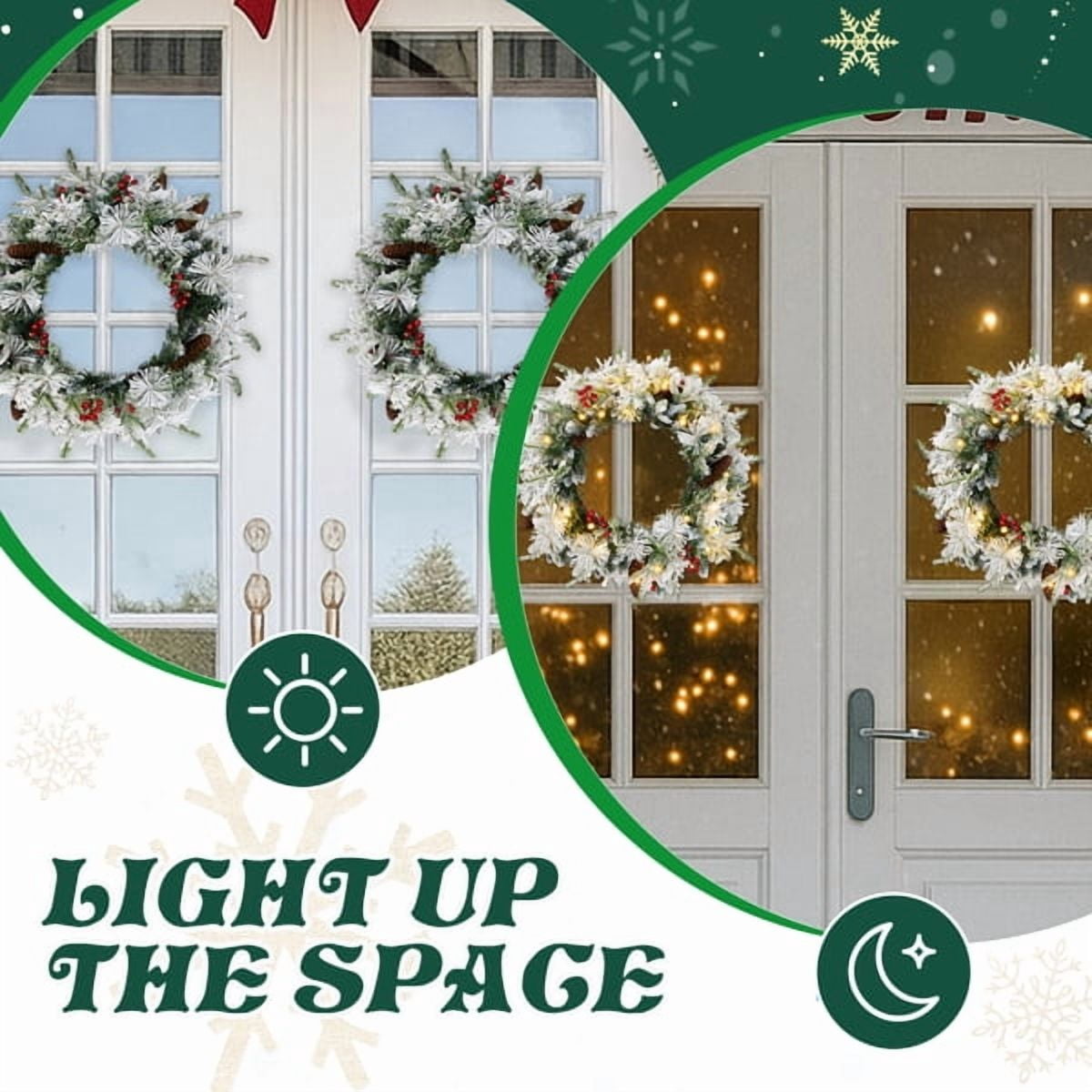 Alvantor 2-Pack 18 in Pre-Lit Snow-Flocked Christmas Wreaths with 60 Warm White LED Lights, 140 Tips, Red Berries and Pine Cones