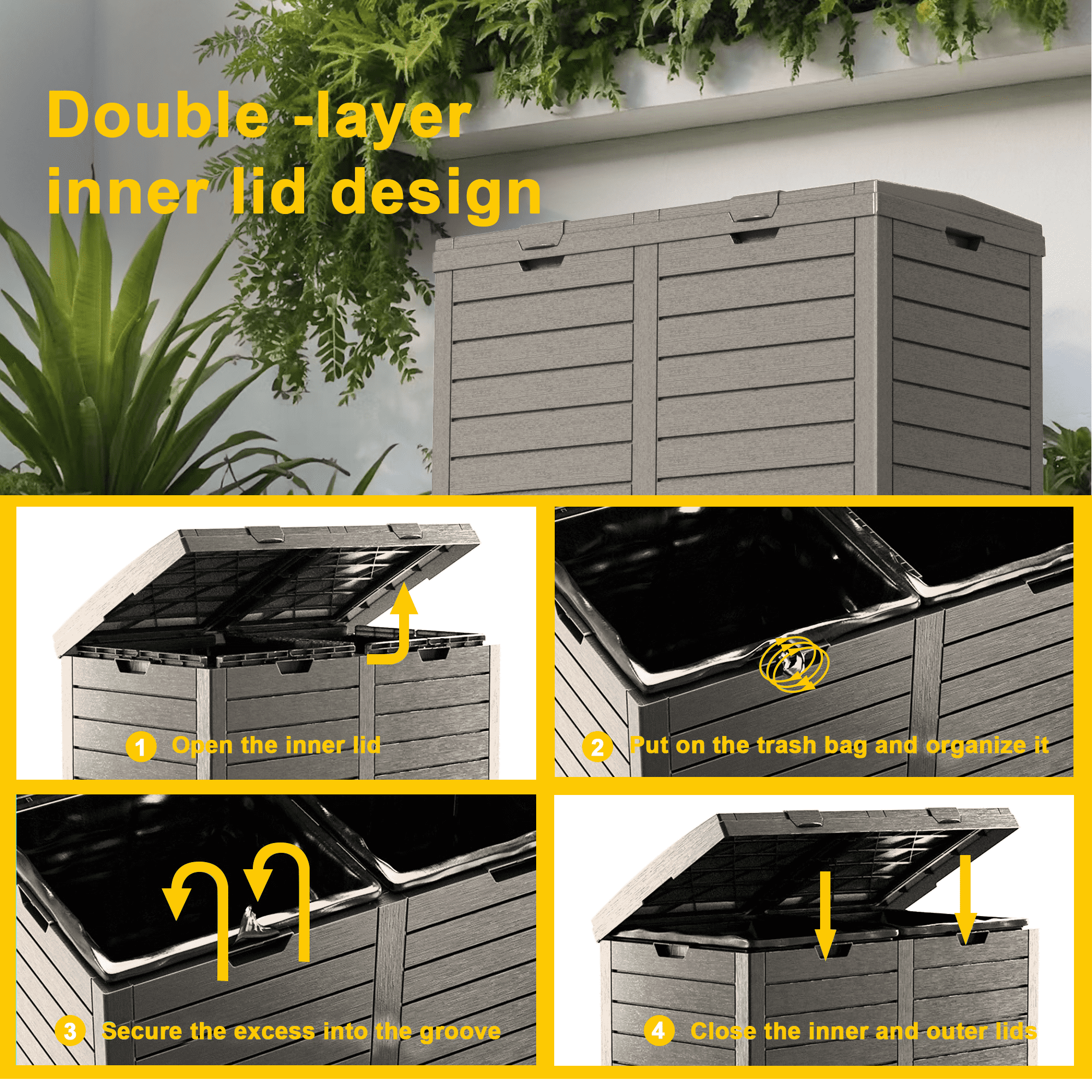 EasyUp Outdoor Trash Can with Lid, Outdoor Trash Bin & Pull-Out Liquid Drawer, Dual Lid Closure Design, Waterproof Resin Garbage Can Container for Patio, Backyard, Deck (Black,62)