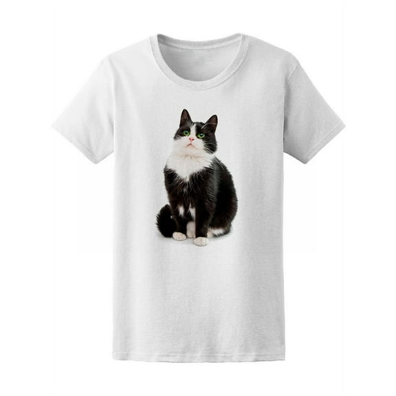 Smartprints Womens Graphic Tee - Cute Fluffy Black & White Cat - Regular Fit 100% Cotton