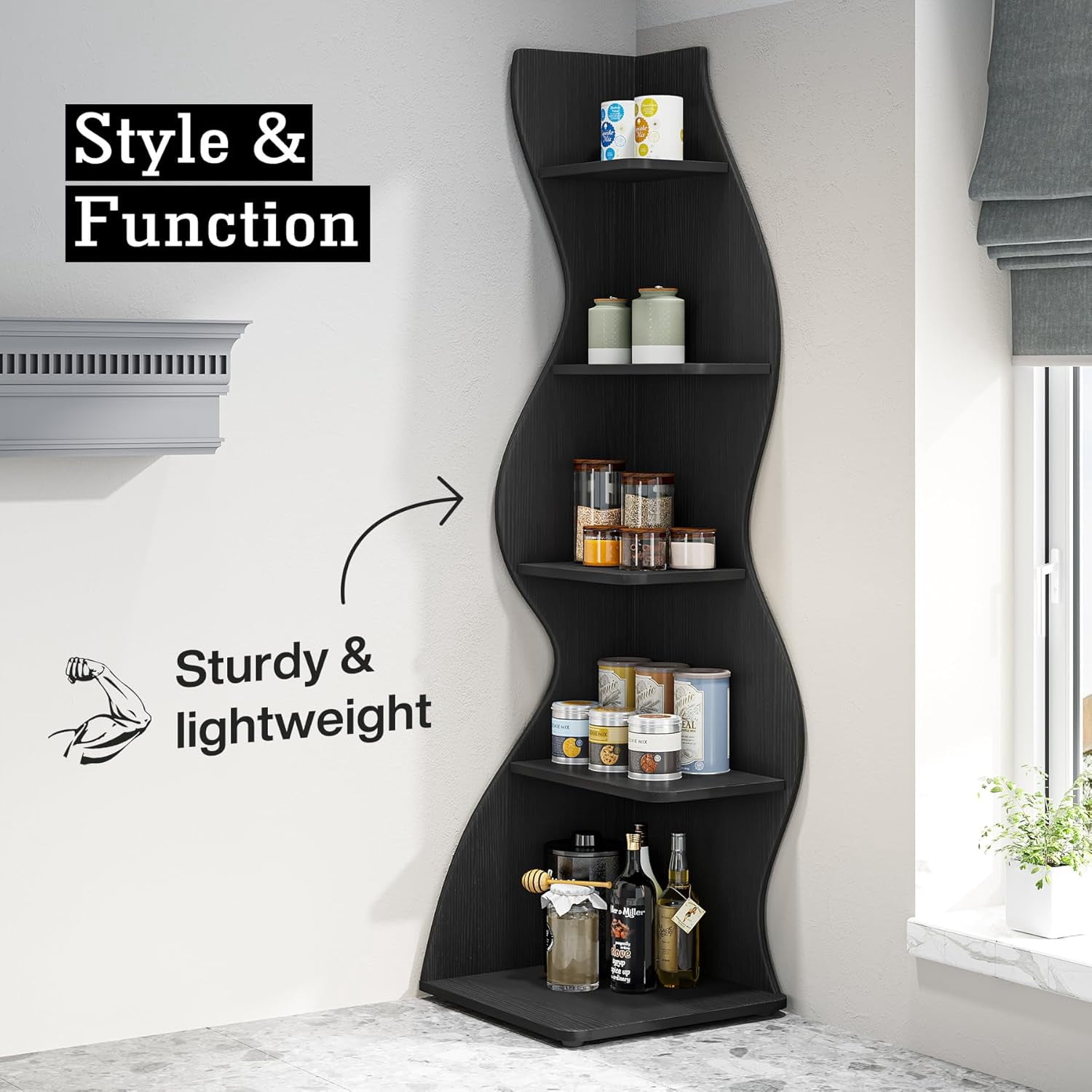Tribesigns Small Corner Shelf, 5-Tier Modern Corner Bookcase for Small Space, Living Room (Black)