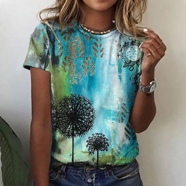 Hauts d'Été Grande Taille pour Femmes Décontracté Ample Imprimé Floral Col Rond Manches Courtes T-Shirt Col en V pour Femmes en Solde