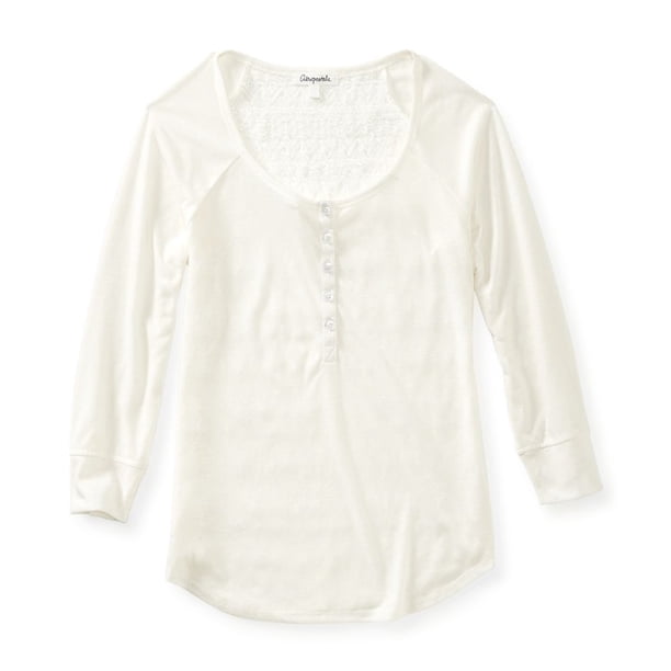 Aeropostale - Camiseta henley con espalda de encaje y mangas transparentes para mujer, color blanco, XS