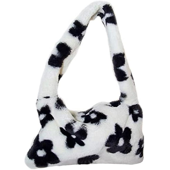 DAMAIE Hobo Bag Small Faux Fur Purse Flower Clutch Bag Furry Handbag Underarm Purse for Women