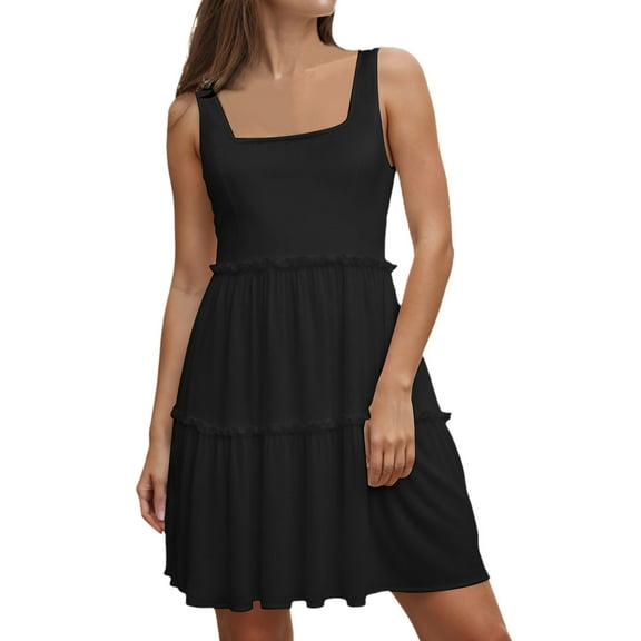 Women's Summer Casual Square Neck A Line Mini Dress Flowy Tiered, Sleeveless, Made of Soft Fabric, Suitable for Beach & Vacation