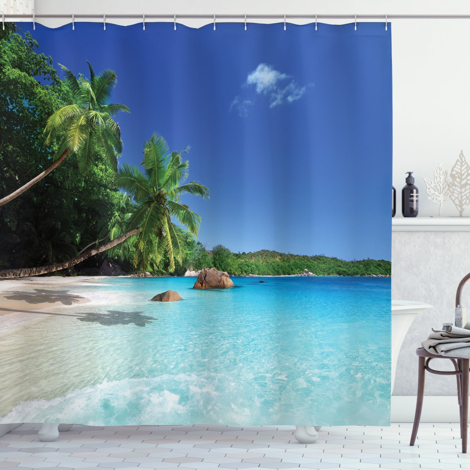 72" Sand Sunny Beach Clear Water Shower Curtain Bathroom Mat Waterproof Fabric 