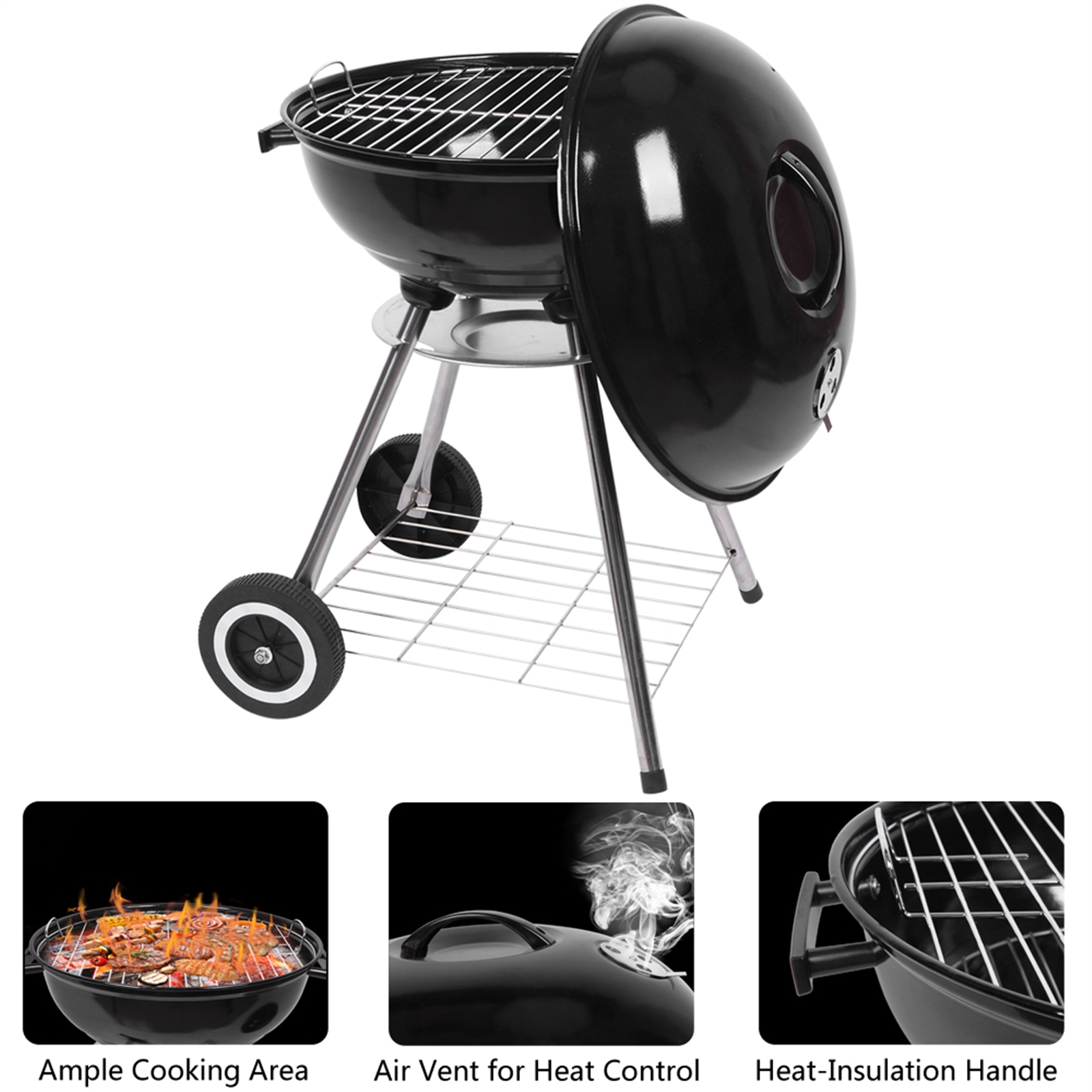 Goorabbit 18 Inch Portable BBQ Grills Clearance Charcoal (Cover Furnace Body) 2 Side Wheels Diameter 5.91" Barbecue Grill Desk Tabletop Outdoor Grill for Camping Picnics Garden Beach Party,Black - image 5 of 14