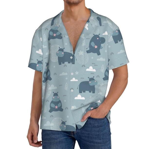 Balery Cute Hippopotamus Camisa Casual de Manga Corta con Botones para Hombre, Texturizada, Estilo Cubano, para Playa, Verano-3X-Large