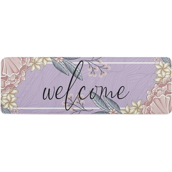 Kitchen Mat Rug 1 PCS Welcom Purple Flower Runner Rug Anti-Fatigue Comfort Memory Foam Standing Mat Non-Slip Floor Door Mat for Bathroom Bedroom 16x47in