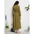 thumbnail image 3 of Green Womens Viscose Tencel Pleated Shirt Collar Button Down Long Sleeve Cinched Waist Casual Maxi Dress, 3 of 8