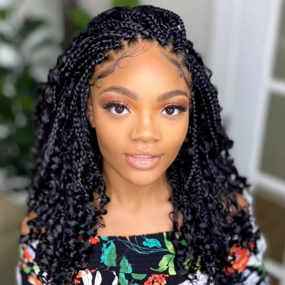 WEIF-Goddess Box Braids Crochet Hair for Woman 12 Inch 7 Packs Short Pre-looped Crochet Box Braids Curly Ends Bohemian Hippie Braid Synthetic Braiding Hair Extension (1B)