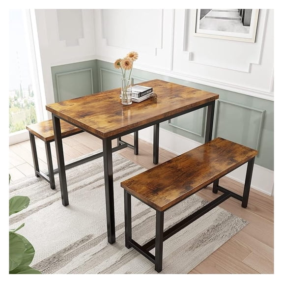 Dining Table Set with Benches for 4-6 Persons, Kitchen Table Set, Rustic Brown & Black, 43.4 x 23.7 x 28.6 Inches Table, Space Saving Design