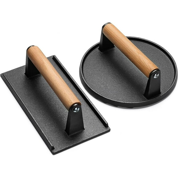 Burger Press, 7" Round & 8.2"X4.3" Rectangle Heavy-Duty Cast Iron Smash Bacon Press Meat Steak with Wood Handle for Blackstone Camp Chef Griddle Grills (Round & Rectangle)