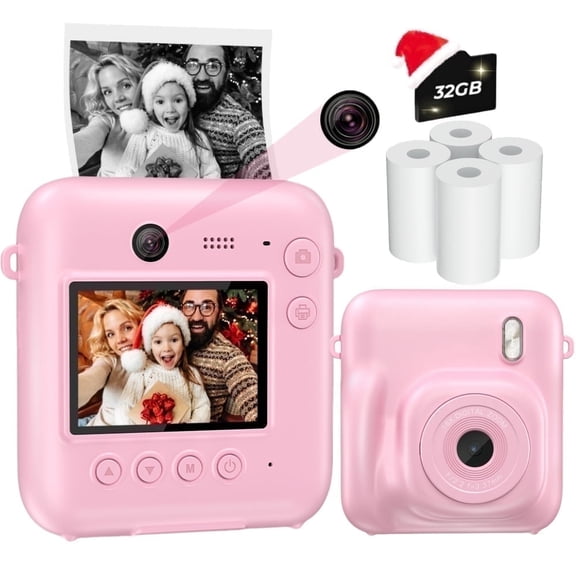 Kids Instant Print Camera-30MP Perfect Birthday for Boys & Girls with 32GB Card and 4 Rolls of Printing Paper-Pink