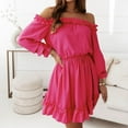 thumbnail image 2 of HAiming Womens Spring 2025 Ruffle off Shoulder Dress Casual Long Sleeve Elastic Waist Pleated A-Line Mini Dresses, 2 of 9