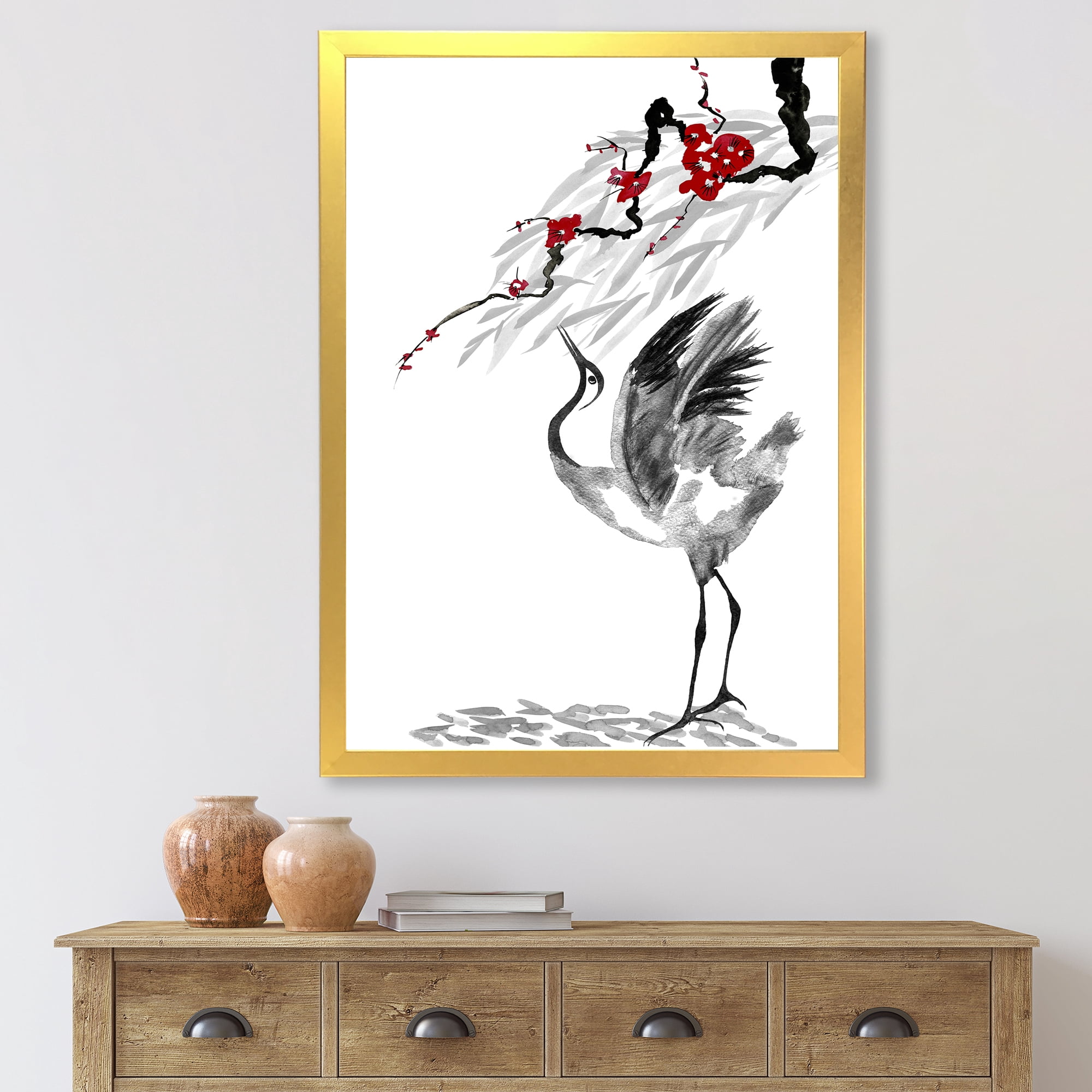 Free Shipping! Designart Japanese Cranes & Red Flowers Traditional