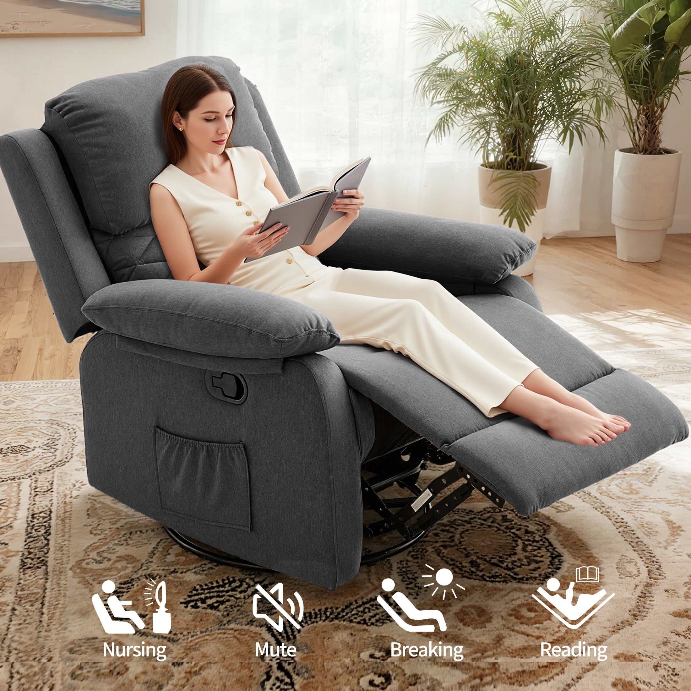 Gelloan 360° Swivel Recliner Chair, Small Rocker Chair for Small Spaces, Upholstered Fabric Glider Recliner Nursery Chair with Side Pockets,Gray