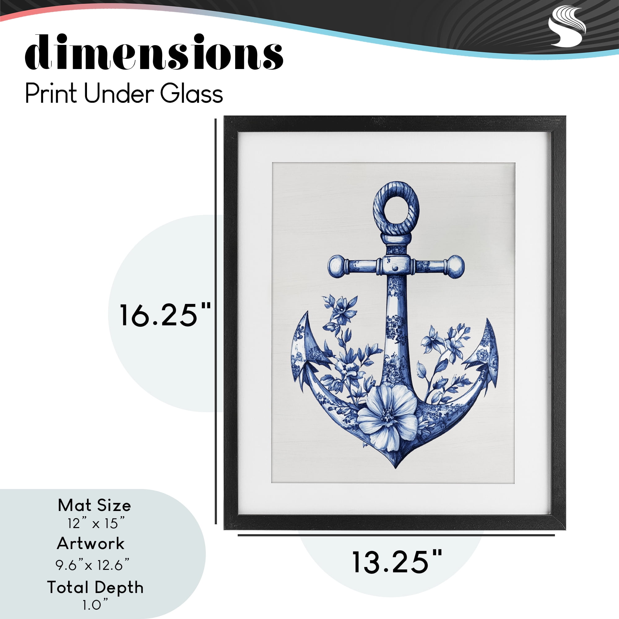 Toile Patterned Anchor Black Framed Print Under Glass, design by Lettered and Lined