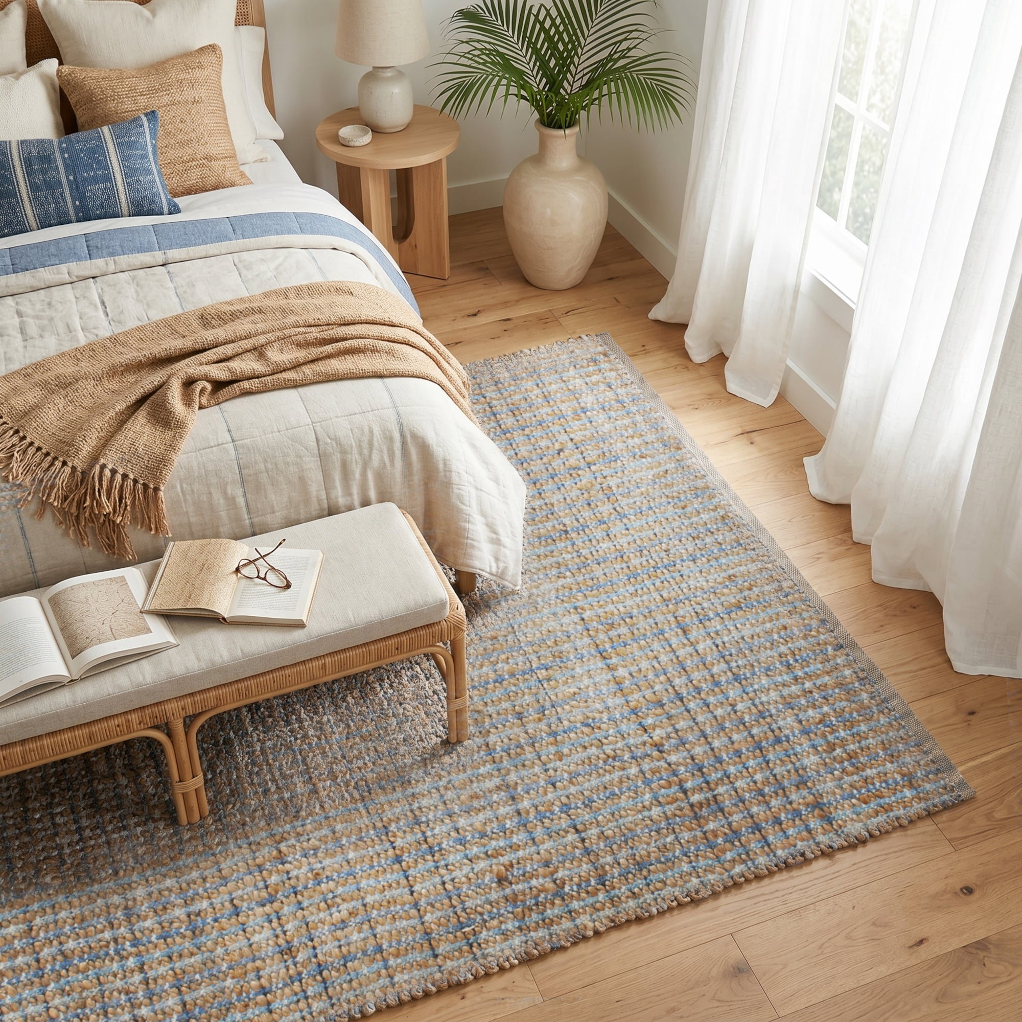 LR Home Natalie Cere Tan/Blue Grid Coastal Jute Blend Area Rug, 5' x 7'9"