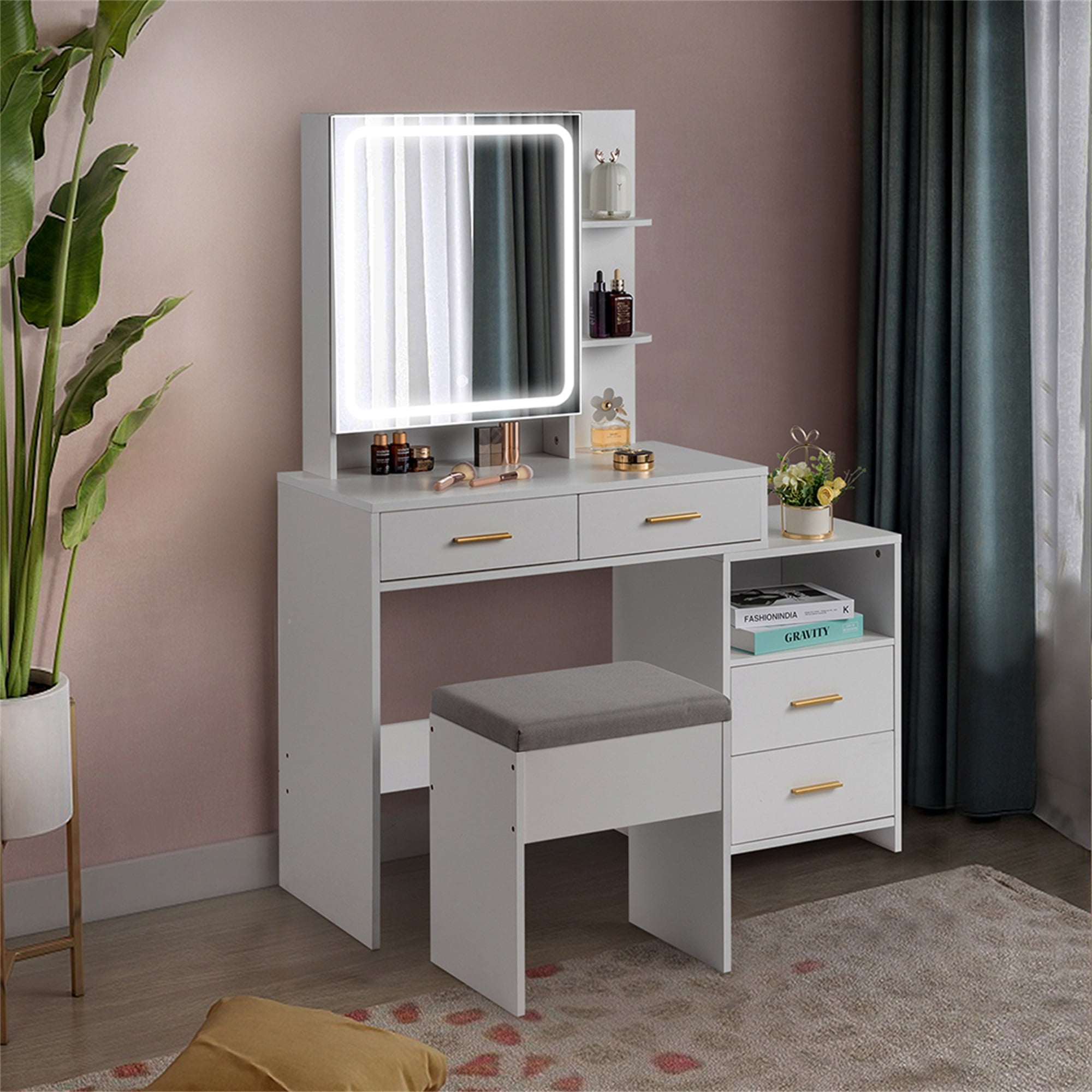 Kadyn Makeup Vanity with 4 Drawers and Mirror, Dressing Table Set Led Three-Tone Light, White
