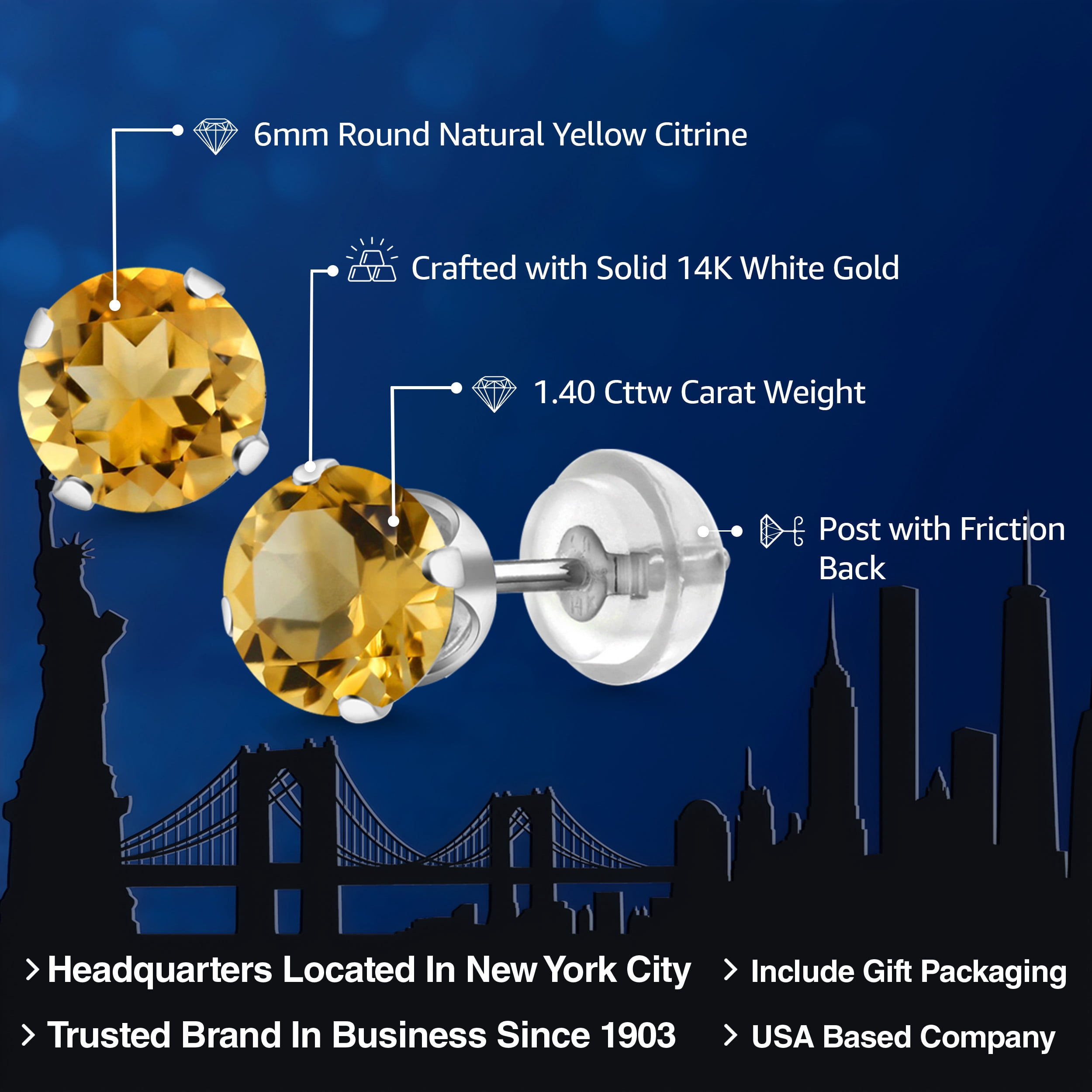 Gem Stone King 1.40 Ct Round 6mm Yellow Citrine 14K White Gold Stud Earrings for Women Men