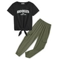 thumbnail image 3 of Oudiya Girls 2 Piece Outfits Short Sleeve Tie Knot Crop Tops and Cargo Pants Set Summer Clothing Sets for Kids 5-12Y, 3 of 9
