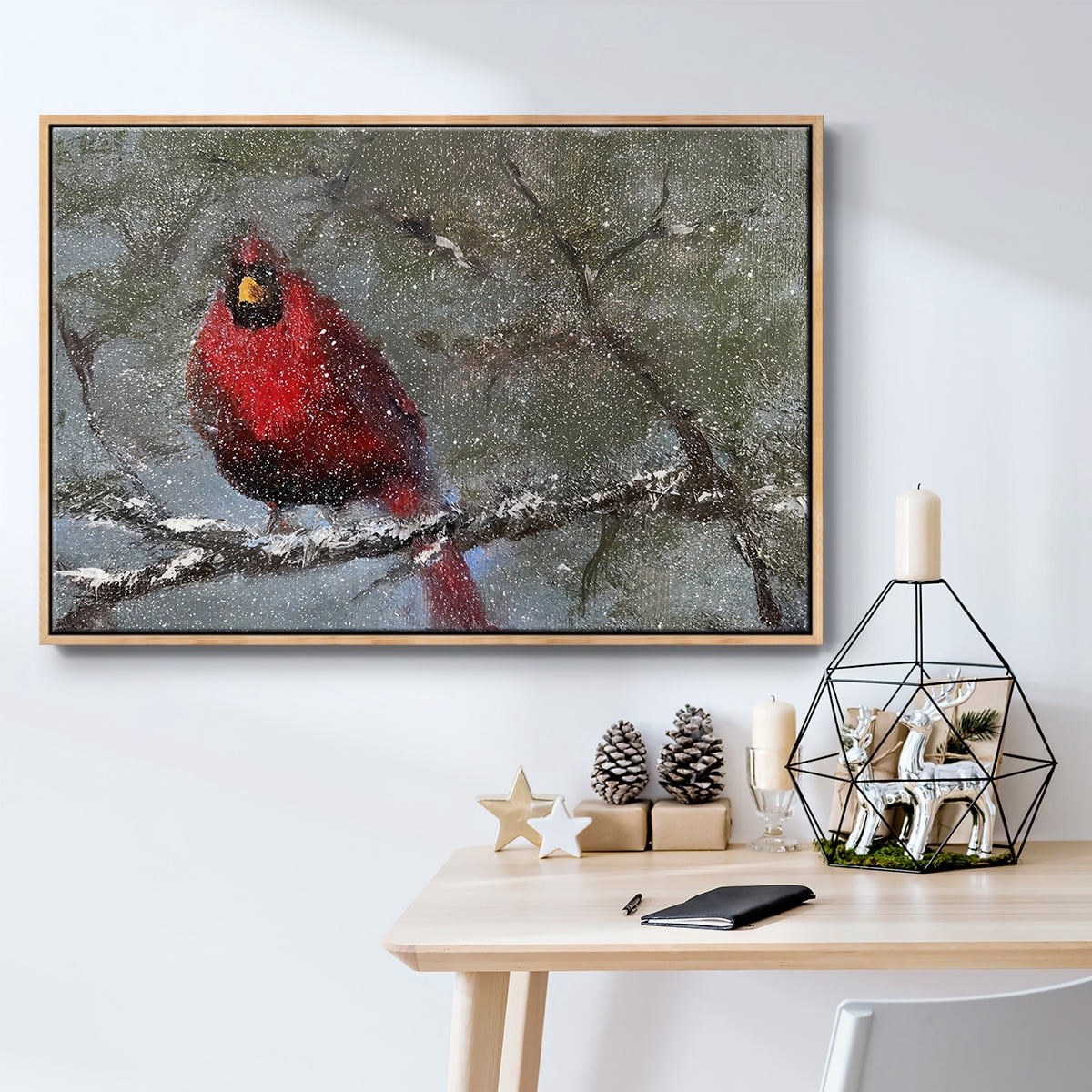 Cardinal in Snow I - Framed Gallery Wrapped Holiday Canvas - 25 x 37 - Natural Wood Frame
