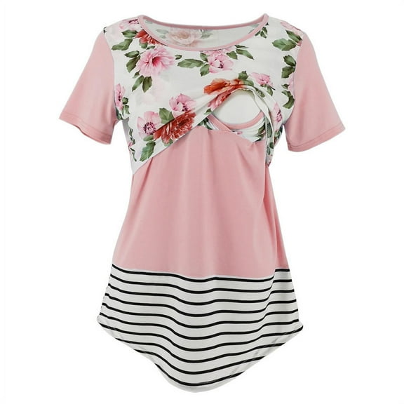 Kayannuo Maternity Tops for Women Short Sleeve Round Neck Print Maternity Clothes for Women Nursing Tops Pregnant Women Clothes Printed Striped Lace Cross Breastfeeding Top