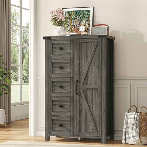 Frmobepts Farmhouse 5 Drawer Dresser with Barn Door, Adjustable Storage Cabinet for Bedroom Living Room, Grey