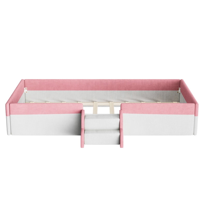 Twin Size Corduroy Upholstered Floor Bed Frame with Fence, Kids Low-Profile Platform Bed with 2-Tier Steps & Smart LED Lights