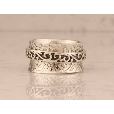 Handmade 925 Sterling Silver Leaf Ring – Engraved Boho Statement Ring for Women, Minimalist Adjustable Band, Unique Gift for Her Ring Size- 5.25