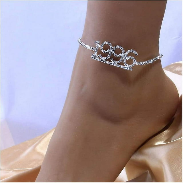 Tobillera con número de diamantes de imitación y año de nacimiento, pulsera de tobillo de cristal brillante, cadena para pie de playa, joyería para el cuerpo para mujer (1996)
