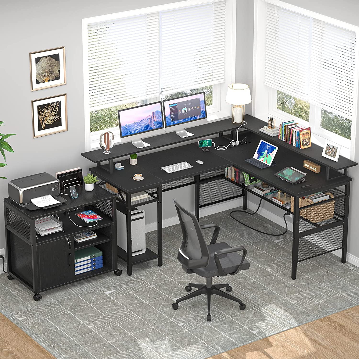 Buy Homieasy L Shaped Desk with LED Strip and Power Outlets, Reversible