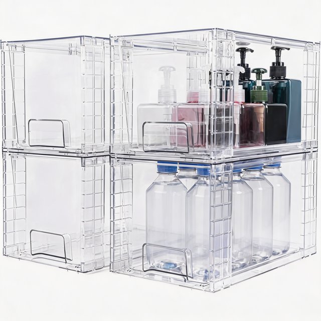 Paquete de 4 Cajones de Almacenamiento Apilables Grandes, Organizadores de Cajones de Acrílico Transparente con Asas, Fácil de Ensamblar para Debajo del Fregadero de Cocina, Baño, Gabinete