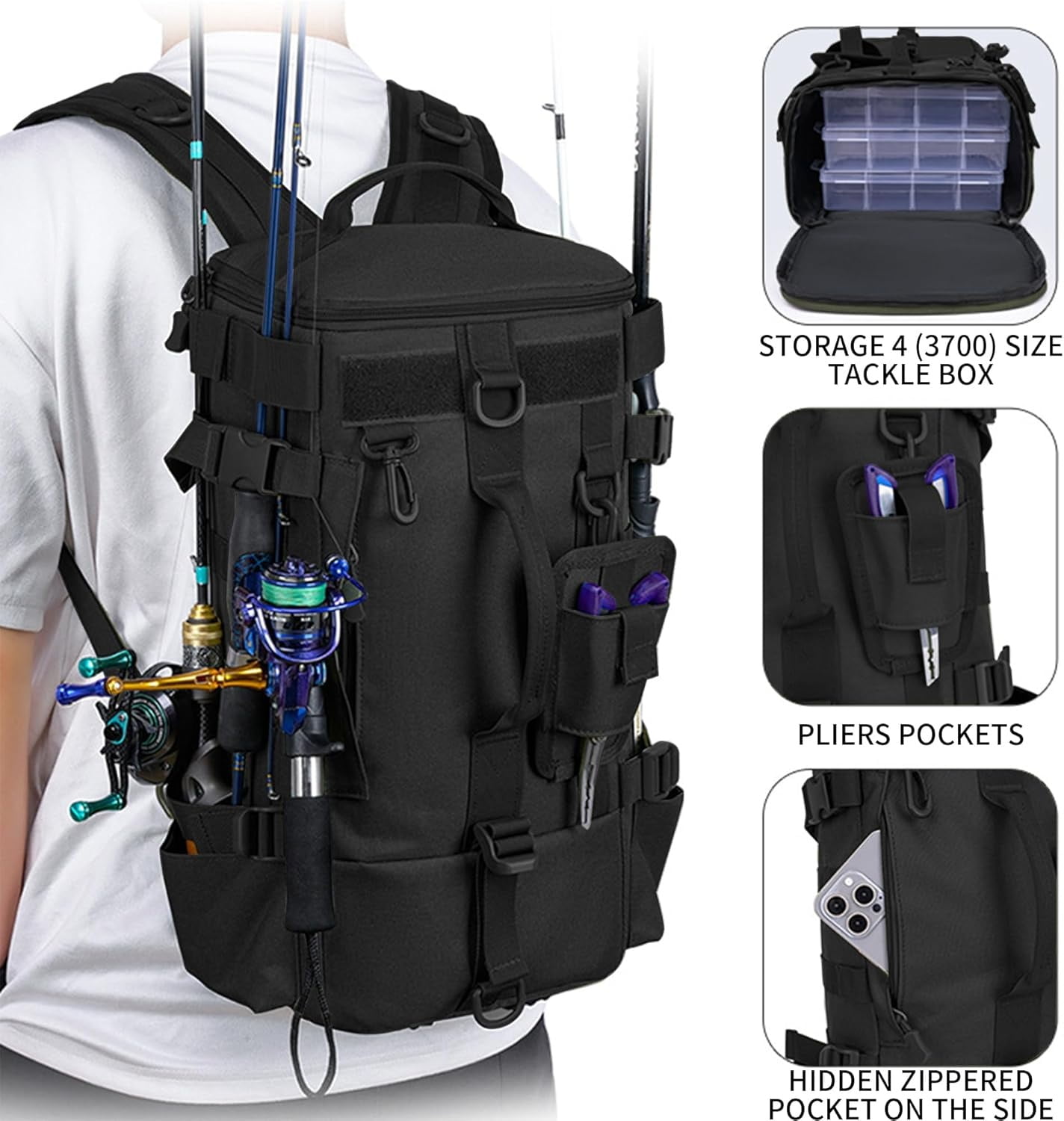 Fishing Backpack Tackle Bag, Kvago Fishing Bag Shoulder Bag with Rod Holders, Storage Bag for Outdoor Activities, Fishing, Camping, Hiking, Cycling (8.27 x 6.69 x 16.93 in, Black)