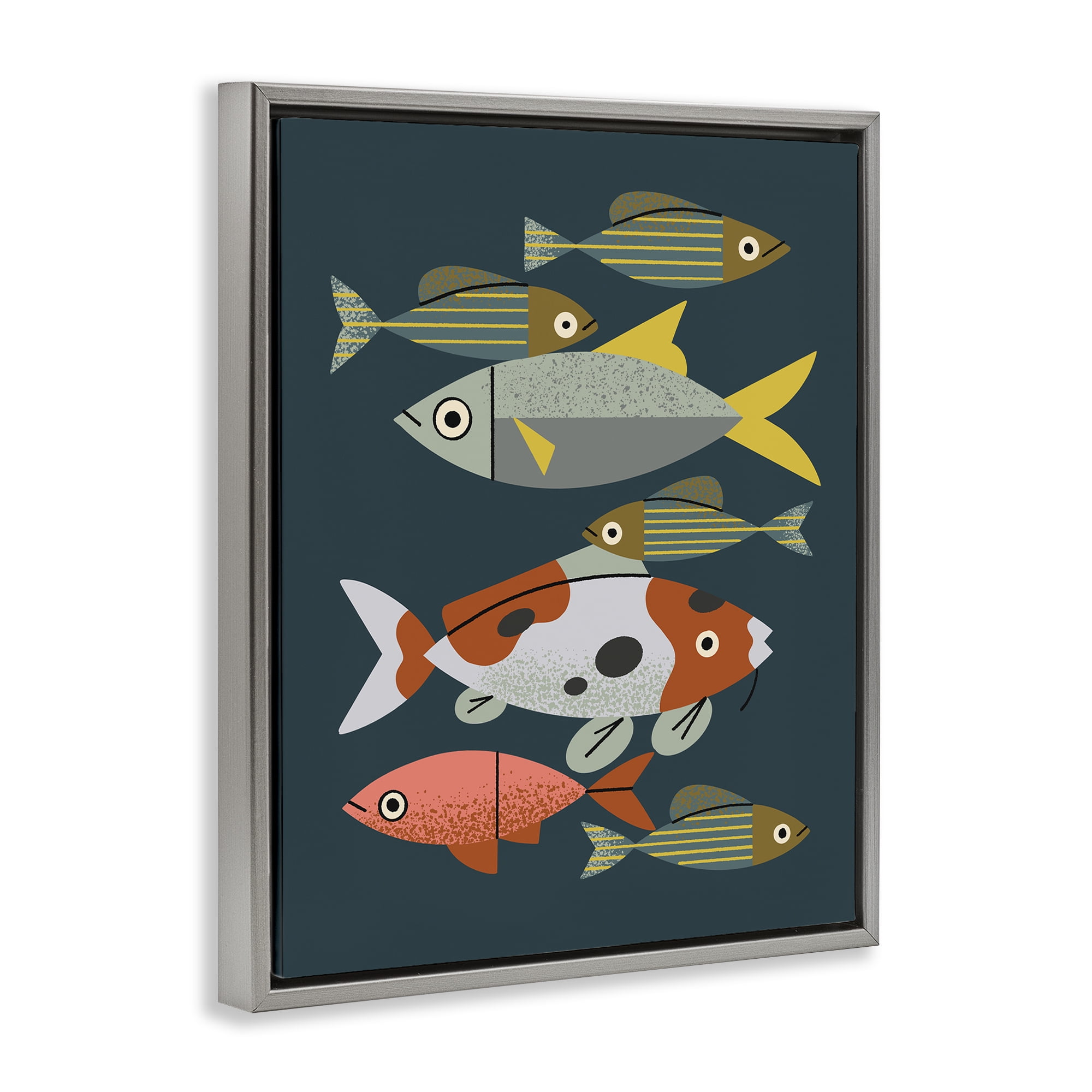 Stupell Industries Midcentury Pond Fishes Gray Framed Floater Canvas Wall Art, design by Renea L. Thull