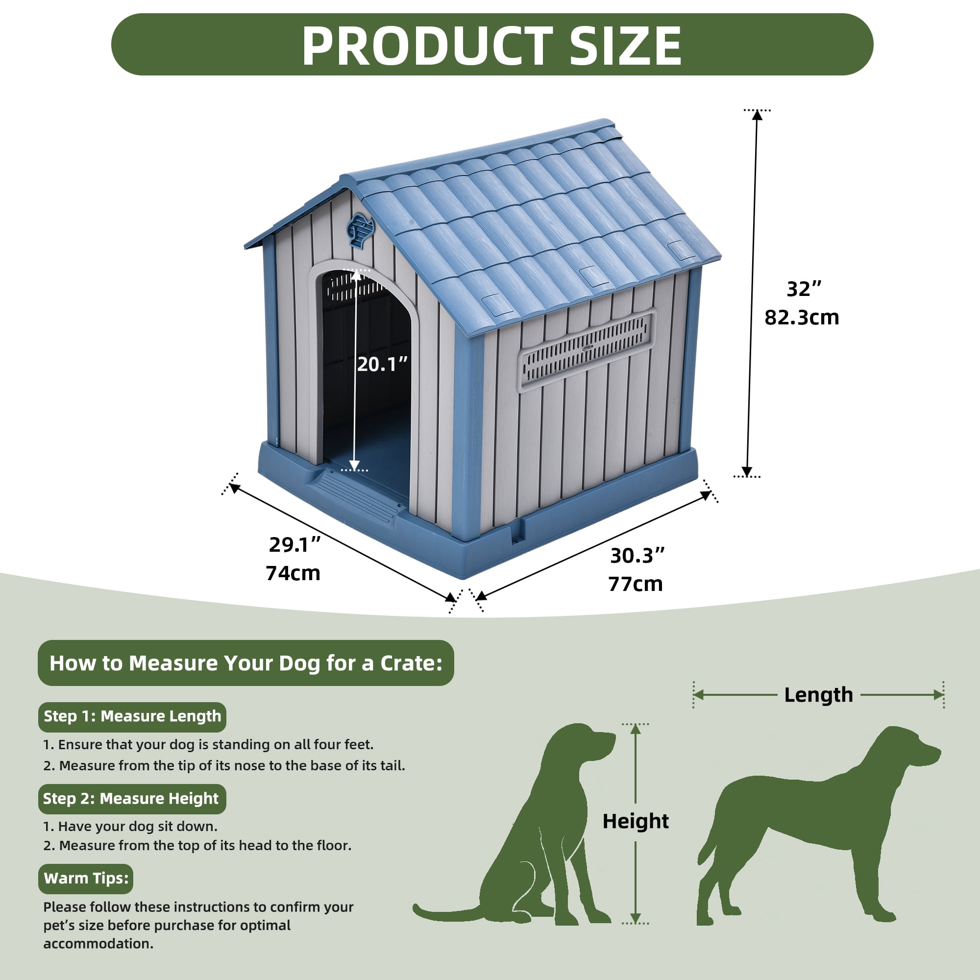 Dextrus Plastic Dog House Outdoor Indoor for Small Medium Large Dogs,Weatherproof Dog Houses with Elevated Floor and Air Vents,Durable Ventilate,29''L*30''W*32''H, Blue