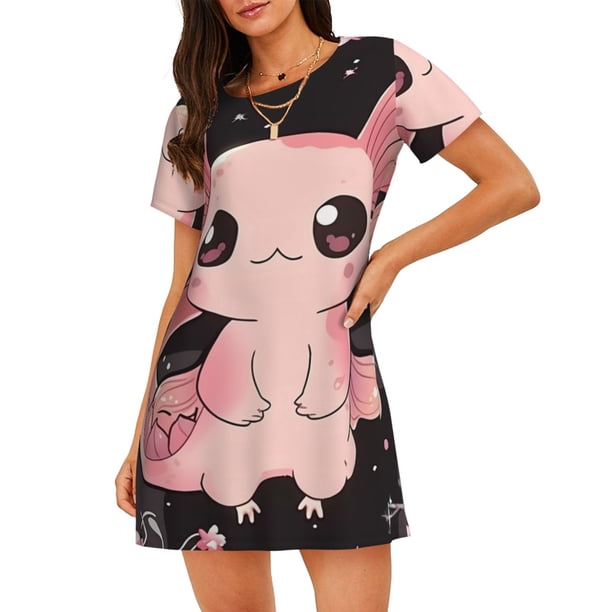 Fotbe Cute Axolotl Sakura Blossoms B Bata de Dormir para Mujer con Estampado, Camisón de Algodón de Manga Corta, Ropa de Dormir Casual