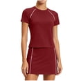 thumbnail image 3 of Sentmoon Ensembles 2 Pcs pour Femmes Jupe d'Été Courte Taille Haute Jupe de Tennis Confortable Couleur Unie Manches Courtes Col Ras du Cou Coupe Régulière Jupes de Tennis pour Femmes pour Usage Quotidien Décontracté P-2TG, 3 of 7