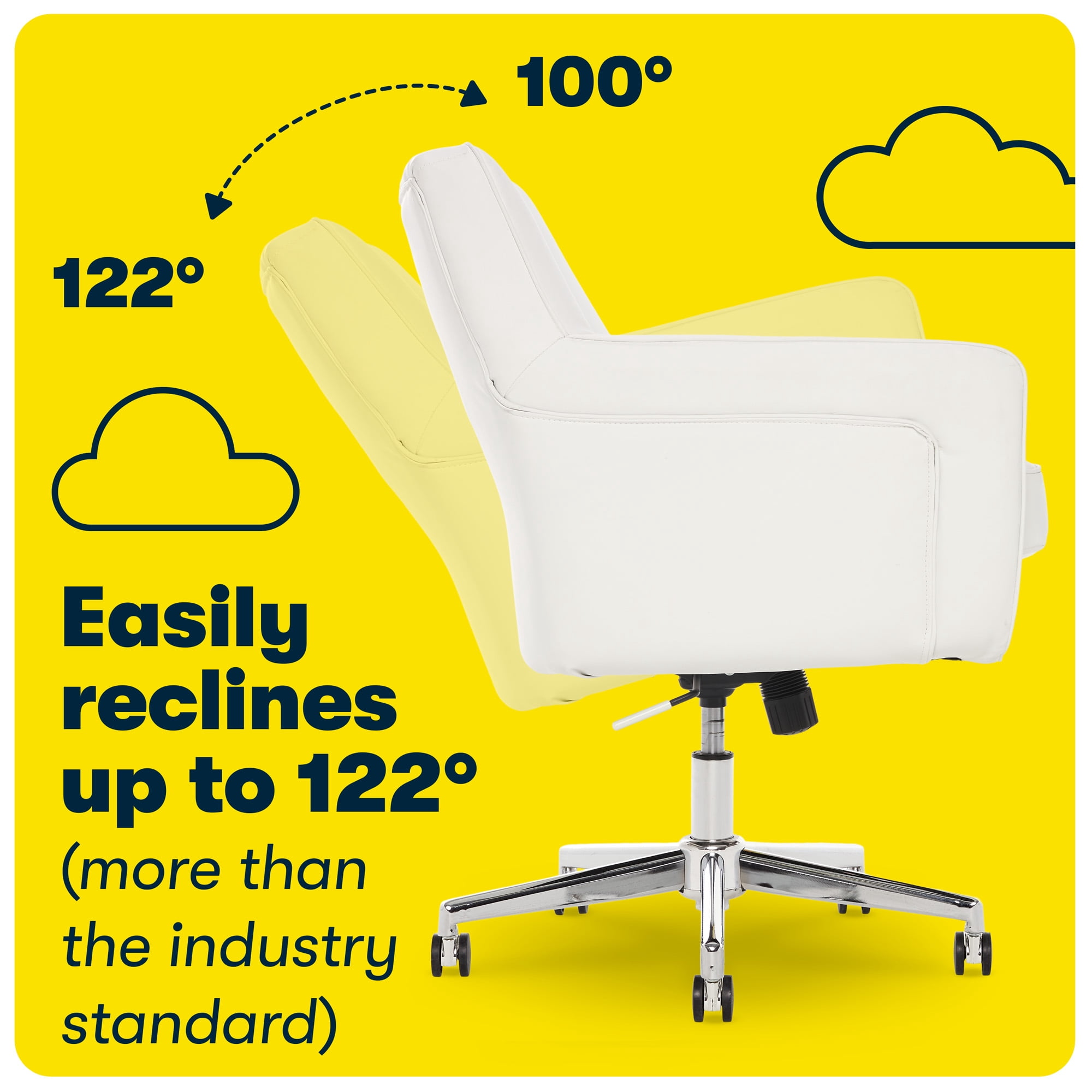 Serta Ashland Home Office Desk Chair with Button Tufted Mid-Back, Memory Foam Cushion and Padded Arms, Modern Vanity Armchair with Wheels for Bedroom, Chrome Metal Base, White Bonded Leather