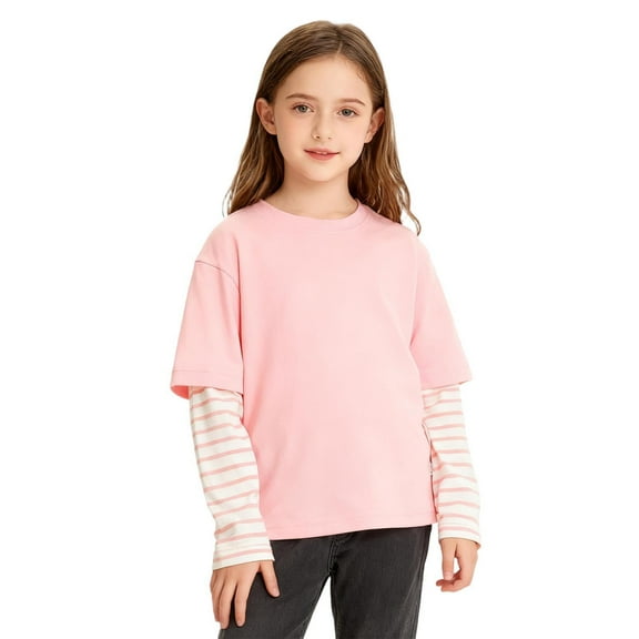YUSIM Girls Striped Cotton T Shirts- Fashion Casual Long Sleeve Crewneck Kids Spring Tops Clothes Pink Size 4-12