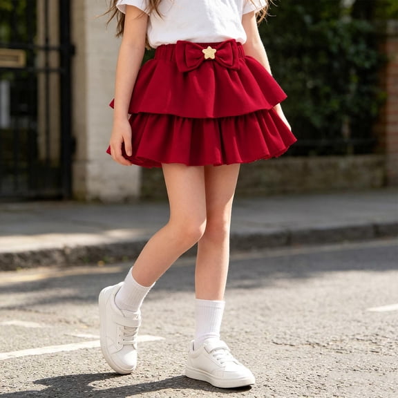 Girls Layered Ruffle Skirt Cute Bow Elastic Waist Flared Mini Skirts for Birthday Holiday Daily Dress‑up 7-8Y
