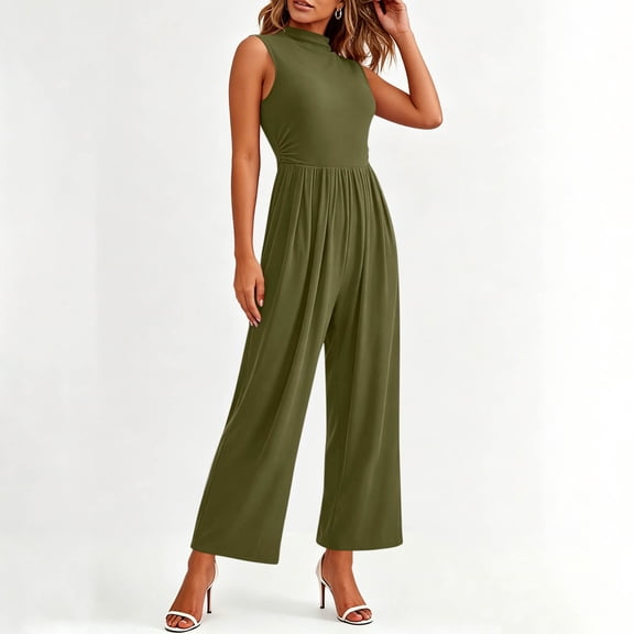 Mifsaly Wide Leg Jumpsuits for Women Sleeveless Mock Neck High Waisted Jumpsuit with Pockets Soft Comfortable office Work Casual Summer Outfits Army Green,S