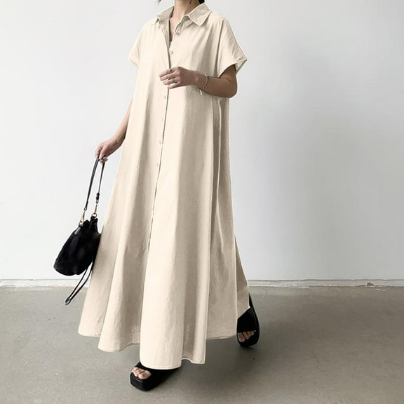 Women's Pullover Short Sleeve Long Skirt Loose Lapel Fashion Casual Shirt Dress Comfy Dress for Women Womens Maxi Dresses for Summer Casual Ruffle Dresses for Women Womens Summer Dresses Knee Length