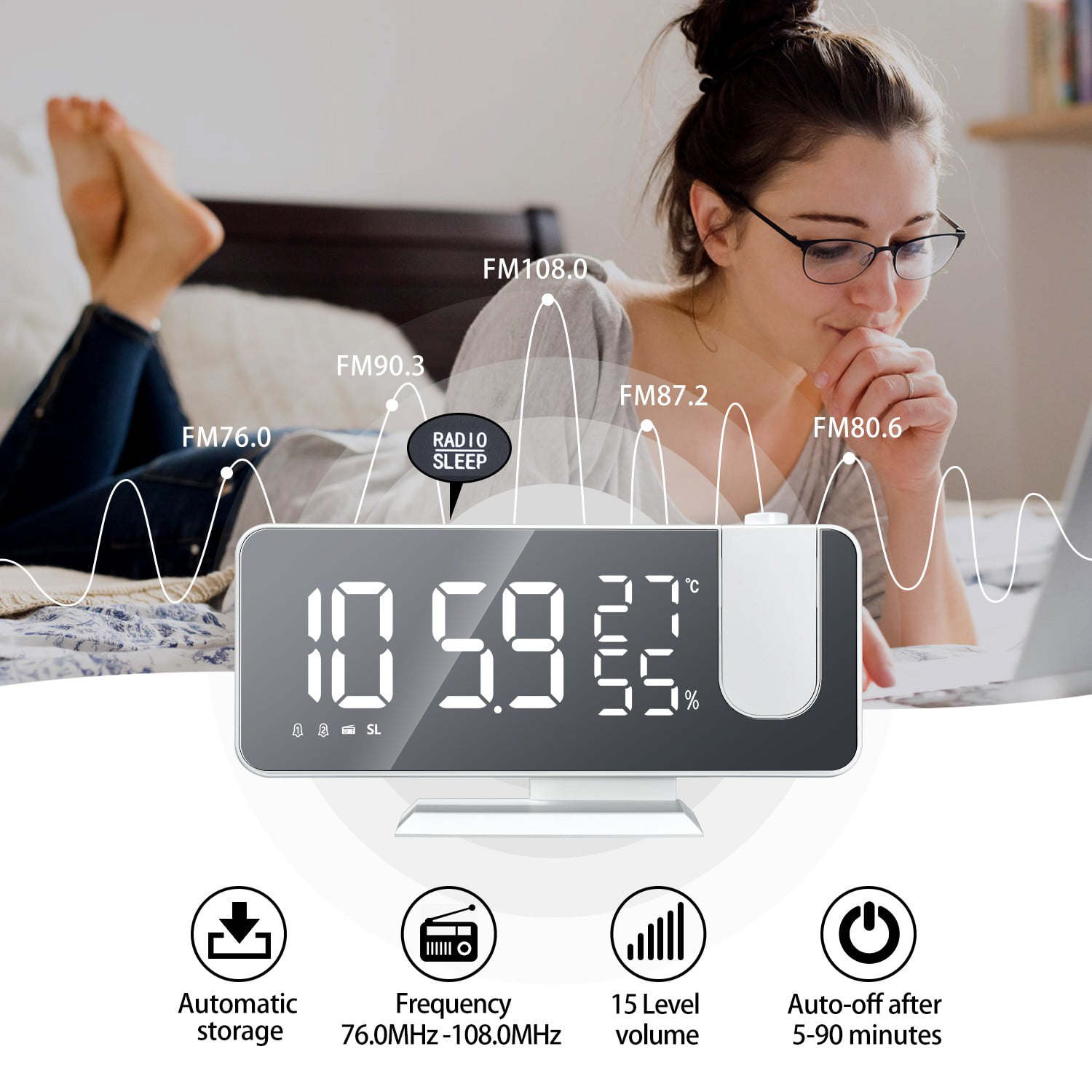 Black Digital Alarm Clock Projection Alarm Clock with 7.3Inch LED Radio 180° Projector Modern Mirror Surface Alarm Clock with Snooze Function/2 Alarm Sounds/4 Dimmer/USB Phone Charg-er