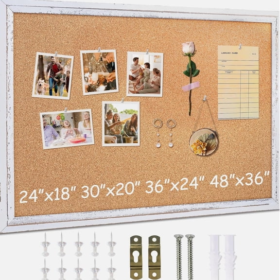 White Cork Board, 24" X 18" Rustic Framed Bulletin Board Decorative Pin Board, Wall Hanging, for Office Home Decor Memo Display