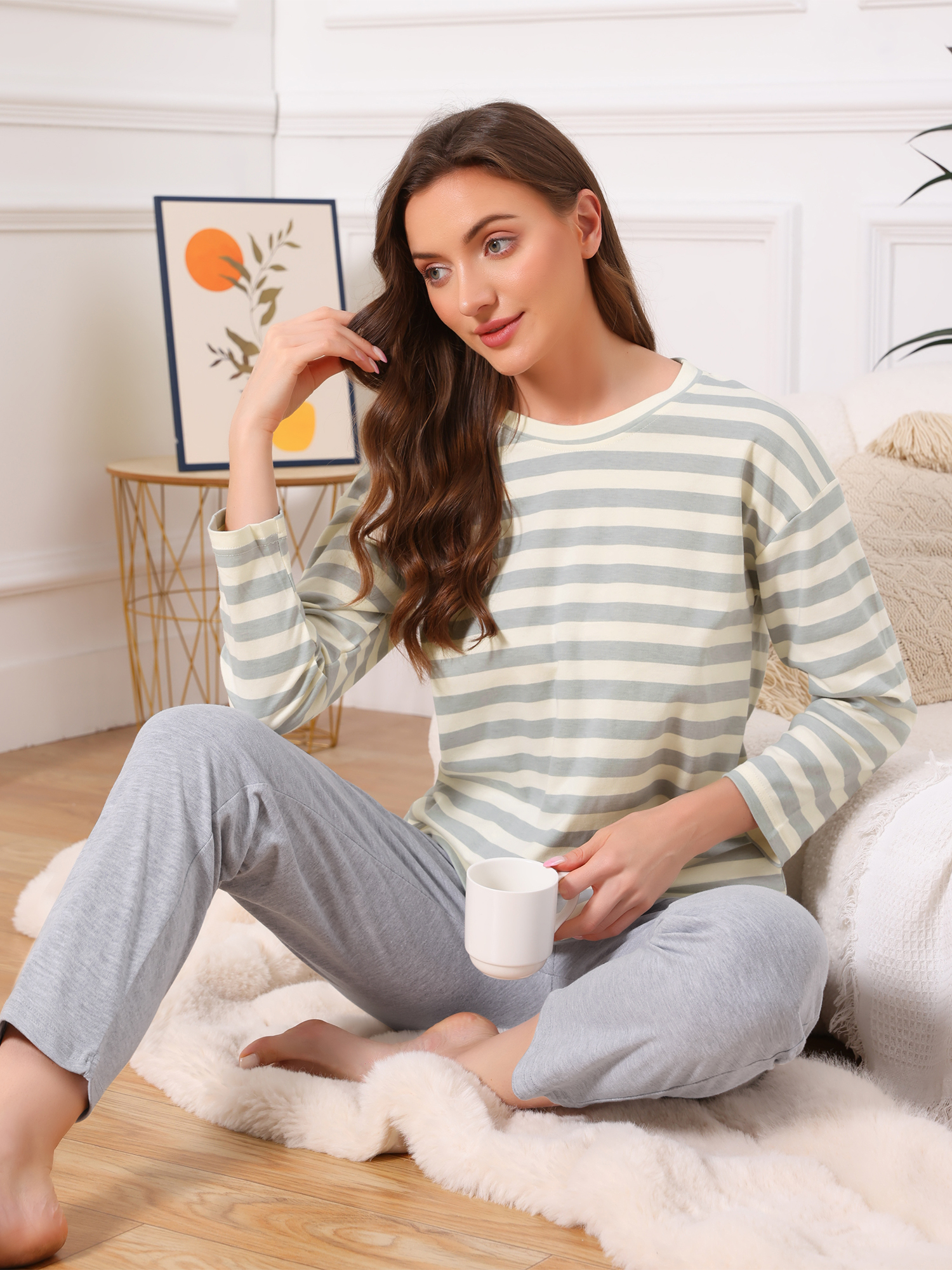 DARING DIVA Lounge Cotton Striped Long Sleeve Pants Set Sleepwear L Stripe