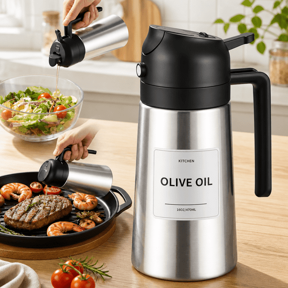2-in-1 Oil Sprayer and Pourer, 16 fl oz Stainless Steel Oil Dispenser Bottle for Cooking, Air Fryer, Barbecue, and Salad