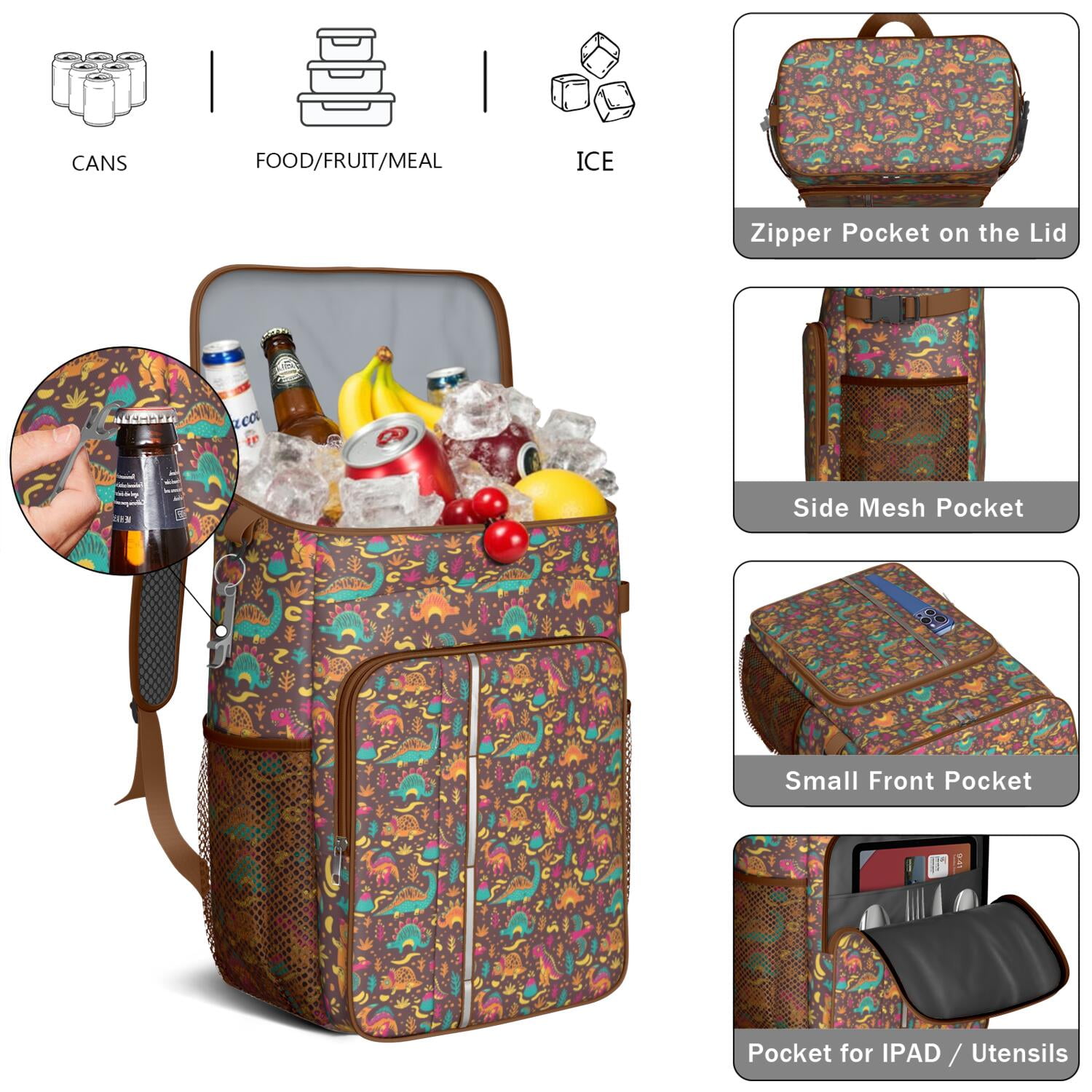 Travel Cooler Bag - Colorful Dinosaurs Abstract Shapes Pattern Camping Beer Cooler Backpack with Bottle Opener- Waterproof Insulated Picnic Backpacks - Cooler Bag for Beach