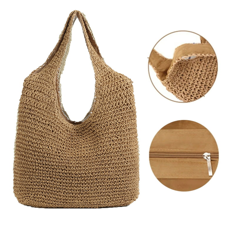 Straw Rattan Bag Woven Women Summer Messenger Bags Handbag (Light Brown)